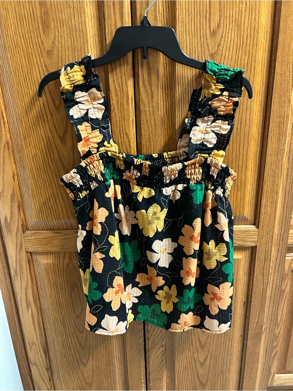 Who What Wear Black Floral Smocked Camisole with Yellow & Green Blooms, sz M